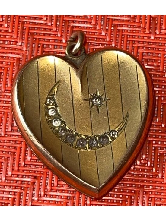 S&BL Co Jewelry - Antique Victorian GF Heart Locket With Crescent Moon & Star Design Paste Stones